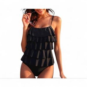 MaxModa Ruffle 1PC Swimsuit Black Size XL NWT Full Coverage Tank Beach Vacay